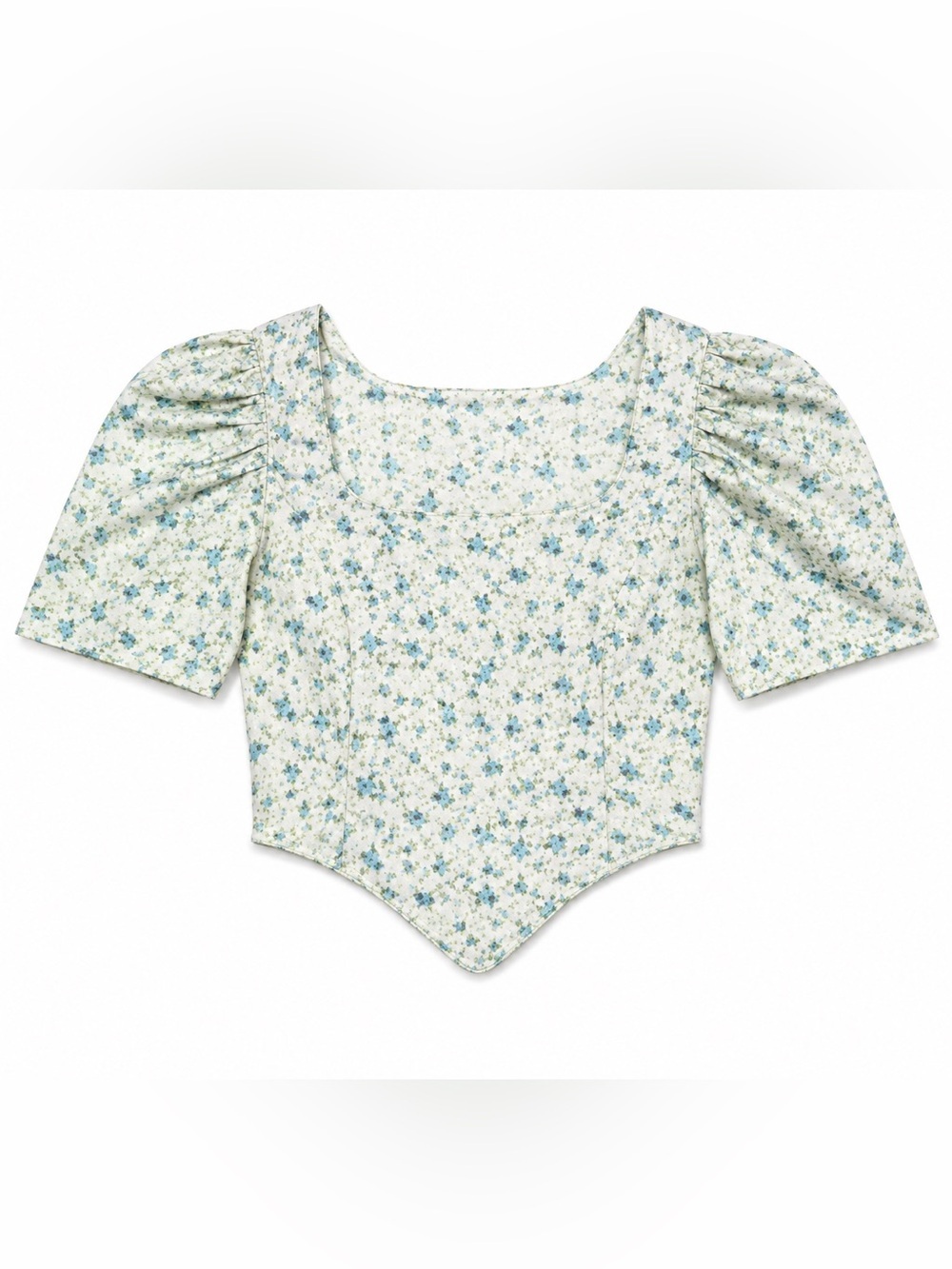 NWT Batsheva Blue Floral Square-Neck Puff Sleeve Crop Top
